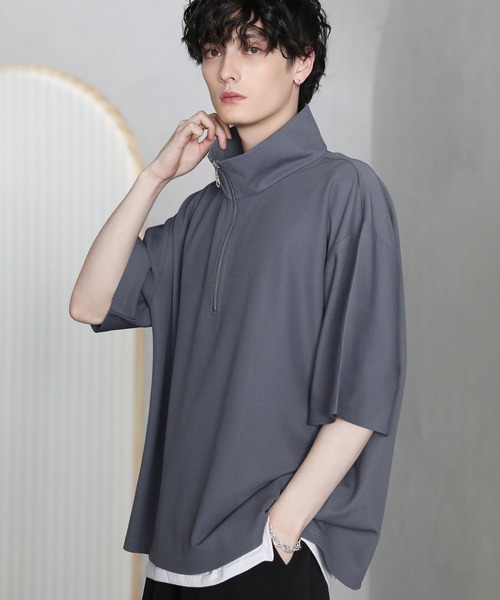 トップス　メンズ　レディース tシャツ 梨地ハーフジップ 半袖プルオーバー メンズ レディース