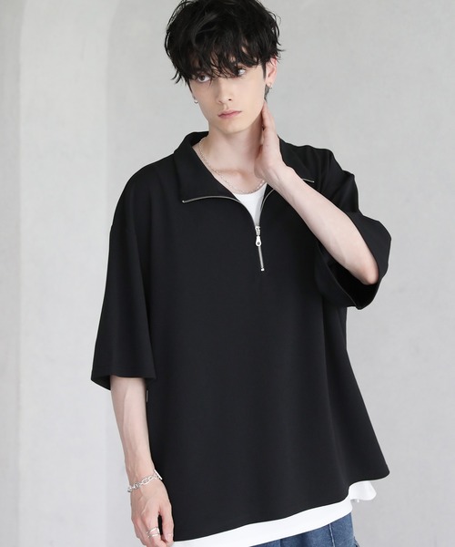 tシャツ 梨地ハーフジップ 半袖プルオーバー メンズ レディース