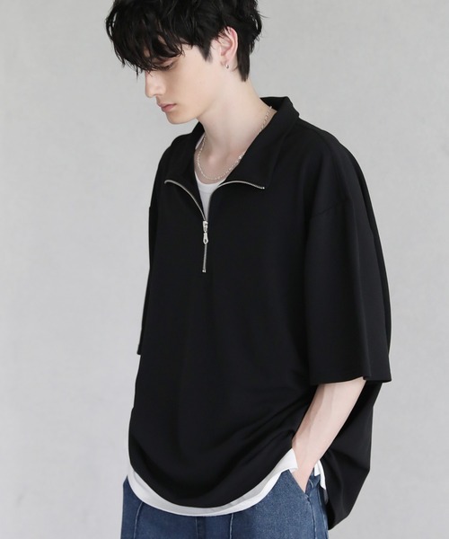 tシャツ 梨地ハーフジップ 半袖プルオーバー メンズ レディース