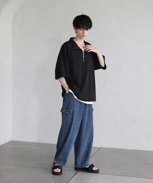 tシャツ 梨地ハーフジップ 半袖プルオーバー メンズ レディース