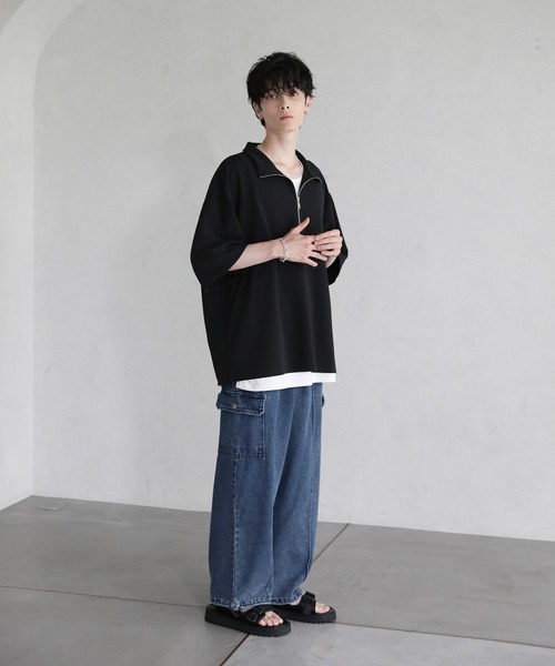 tシャツ 梨地ハーフジップ 半袖プルオーバー メンズ レディース