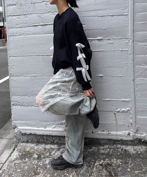 ワンピース リボン×ドット柄レース2wayワンピース「手洗い可能