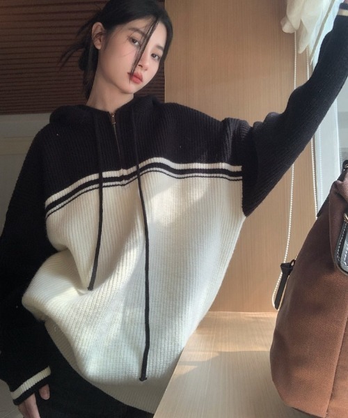 boohoo＊オーバーサイズ ストライプ ニットジップスルーパーカー DIAVEL ニット セーター ユニサックスハーフジップ配色オーバー