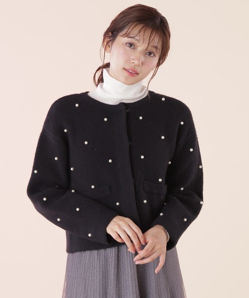 JILL STUART パープル クロップドカーディガン JILL by STUART ニット セーター パール＆ビジュートッピング