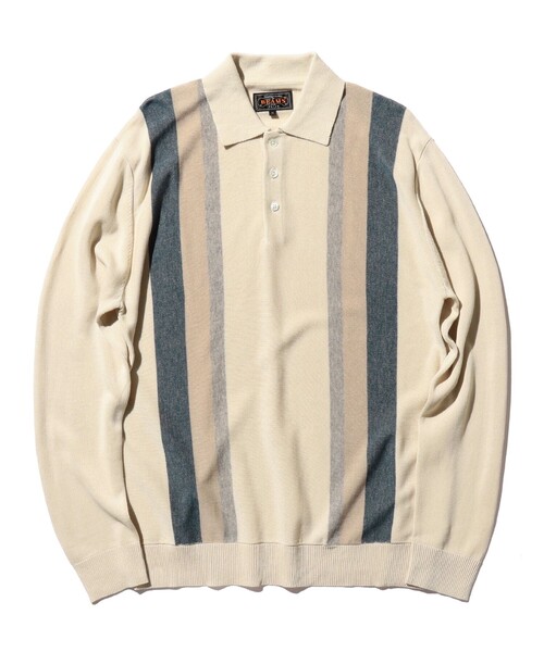 BEAMS PLUS / ストライプ ニット ポロシャツ BEAMS+ ポロシャツ マルチ ストライプ ジップ ニット メンズ