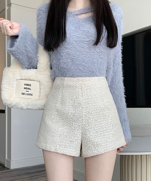 shopnikoniko パンツ スパンコール ハイウエスト ショートパンツ