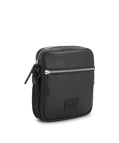 新品、HUGO BOSS ショルダーバッグ 黒 レザー HUGO ショルダーバッグ グレイン フェイクレザー レポーター