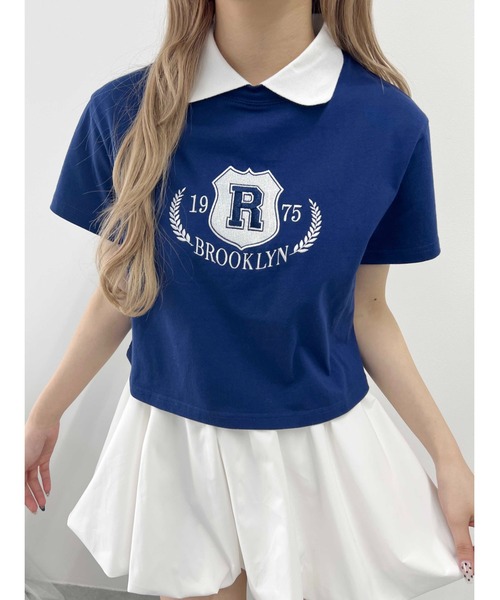 tシャツ 「プチプラ￥2199」襟付きカレッジ刺繍Tシャツ