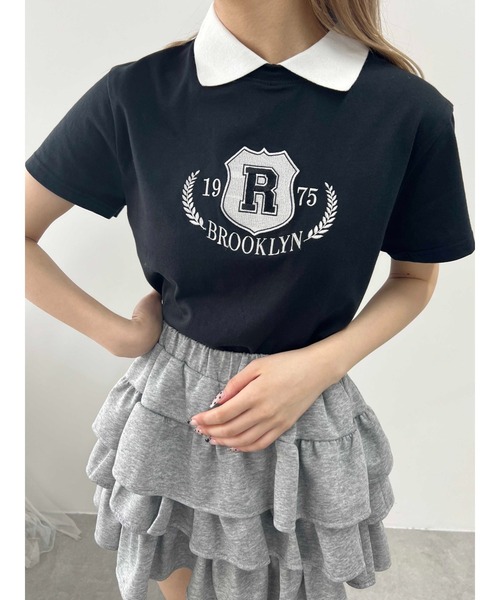 tシャツ 「プチプラ￥2199」襟付きカレッジ刺繍Tシャツ