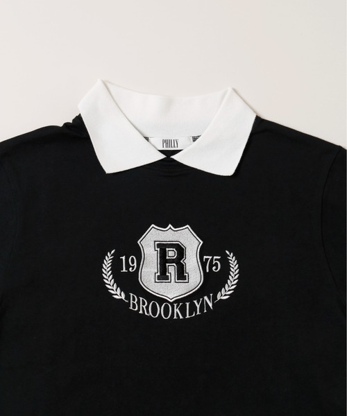 Miumiu バイカラー襟付きロゴワッペン刺繍入り半袖Tシャツ 日本未入荷◇ロゴ刺繍入り コットン リブ付き ジャージートップ
