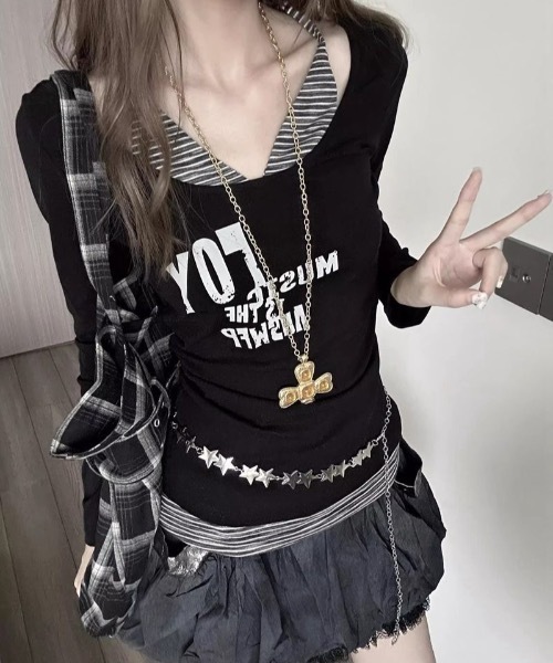 lilful tシャツ Y2K ボーダーキャミ フェイクレイヤードロンT