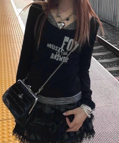 lilful tシャツ Y2K ボーダーキャミ フェイクレイヤードロンT