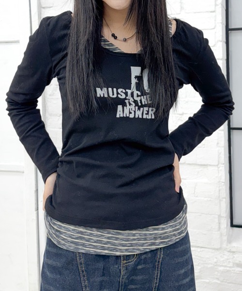 lilful tシャツ Y2K ボーダーキャミ フェイクレイヤードロンT