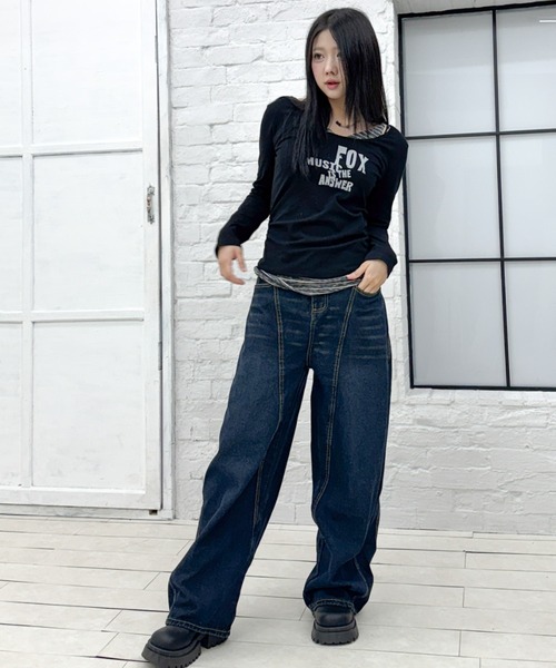 lilful tシャツ Y2K ボーダーキャミ フェイクレイヤードロンT