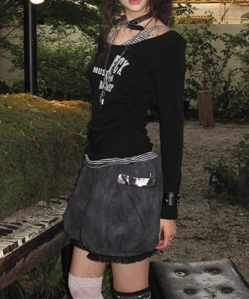 lilful tシャツ Y2K ボーダーキャミ フェイクレイヤードロンT