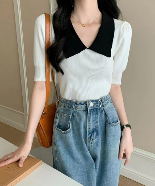 SEU ニット セーター パフスリーブ リブニット サマーニット 配色