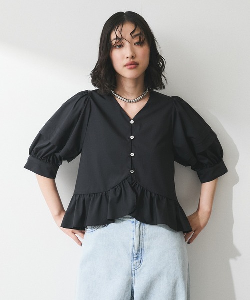 ADAM ET ROPE WEB限定 パフスリーブギャザーブラウス ブラックF ADAM ET ROPE' ブラウス シャツ 「WEB限定」パフスリーブ