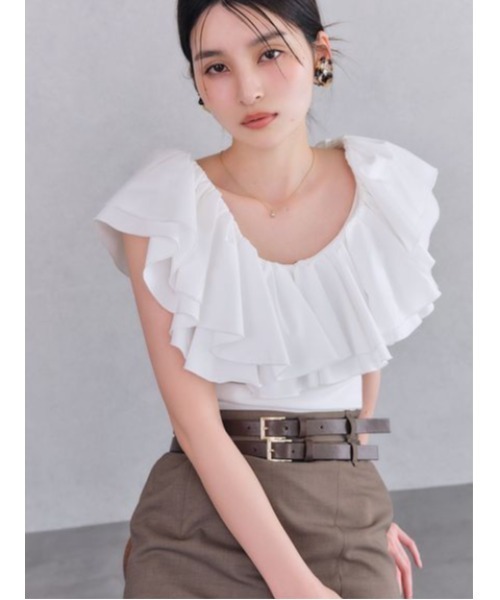 tシャツ デコルテフリルカットトップス レディース