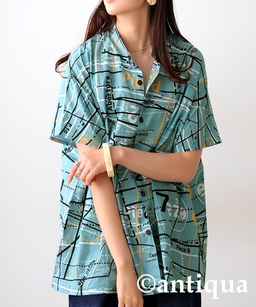 「antiqua」 「tree cafe」半袖シャツ ONESIZE ブルー レディース