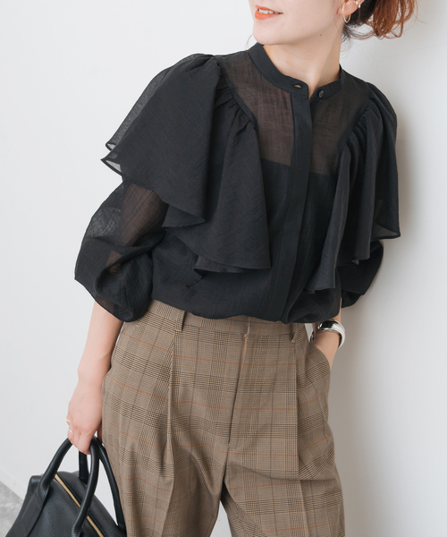 Spick＆Span ブラウス シャツ シアーストライプスタンドカラー
