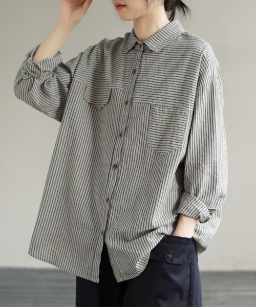 Giemon グレー ストライプブラウス 綿麻 Giemon グレー ストライプブラウス 綿麻 Giemon グレー ストライプ
