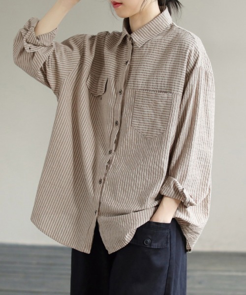 ブラウス シャツ 綿麻ストライプシャツ レディース : ZOZOTOWN Yahoo
