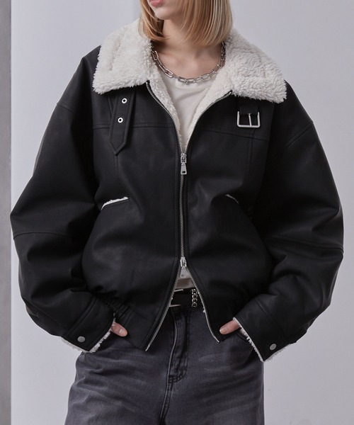 耳付きボアブルゾン ユニセックス ボアブルゾン ラムウール ジップアップ 韓国ファッション