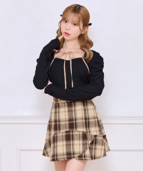 リボン付きタンクトップ（ベージュ・黒）6枚セット apres jour（アプレジュール） tシャツ フロントリボンパワショル
