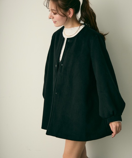 Lunea ノーカラーコート コート ウエストリボン付きノーカラーコート