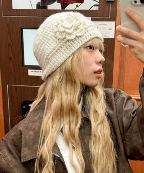 Jena.la.boucle ニット帽 CELENA BEATS ニット帽 ニットキャップ ローズモチーフスパンコール