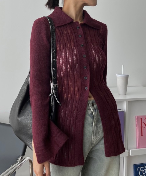 「SHAGGIE」 ニットカーディガン FREE ボルドー レディース_画像4