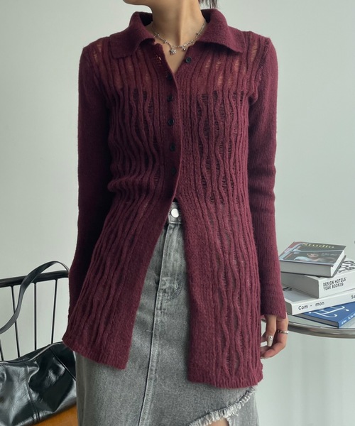 「SHAGGIE」 ニットカーディガン FREE ボルドー レディース_画像8