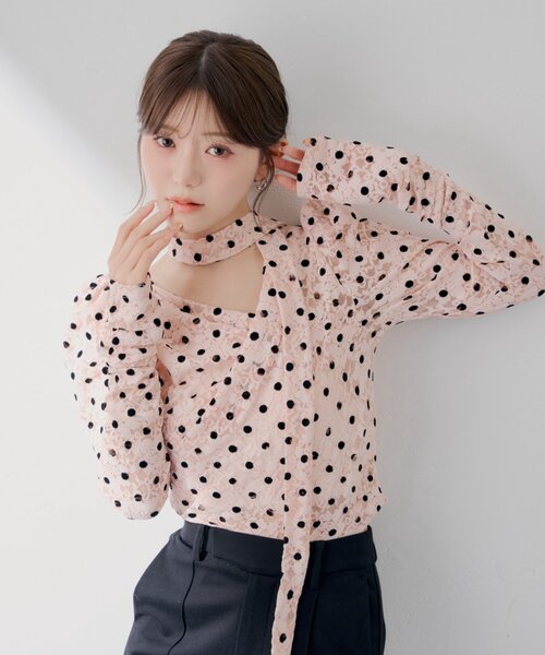 レースチョーカー付き千鳥柄トップス レースチョーカートップス（Tシャツ/カットソー）｜mellowneon