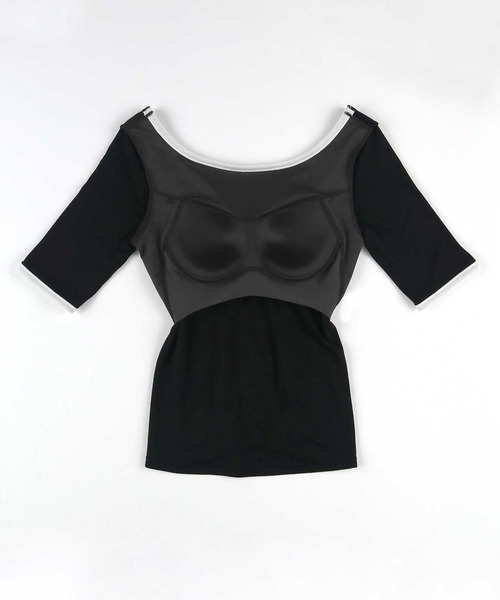 OUR WACOAL カップ付き　バックオープン　リブＴシャツ ブラック　M 黒 OUR WACOAL tシャツ カップ付きバックオープンTシャツ 5分袖