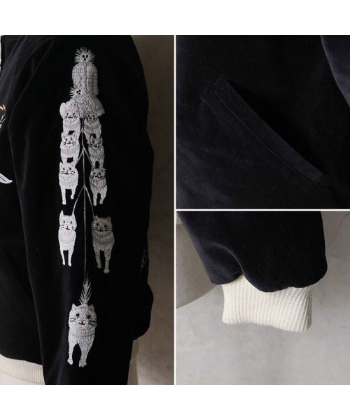 HOUSTON 別珍スカジャン 刺繍 黒 ベルベット HOUSTON（ヒューストン） スカジャン VELVETEEN NYALASKA SOUVENIR