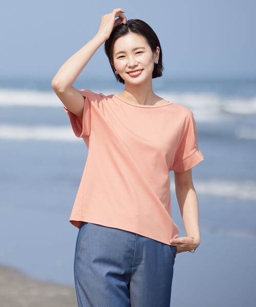 tシャツ 「WEB限定カラーあり・接触冷感・UVケア」コンパクトコットンスムース タックスリーブ カットソー レディース