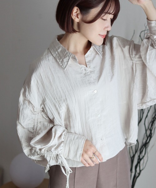 ブラウス シャツ viscose satin raglan blouse レディース ブラウス シャツ 微光沢シボありバルーンスリーブ袖シャーリング