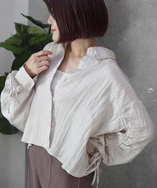 ブラウス シャツ viscose satin raglan blouse レディース ブラウス シャツ 微光沢シボありバルーンスリーブ袖シャーリング