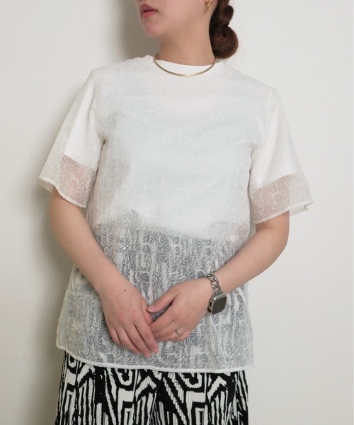 tシャツ 刺繍レースドッキングトップスシアーレイヤード バックリボン テープデザイン レディース palm RICHE tシャツ 刺繍レースドッキングトップスシアー