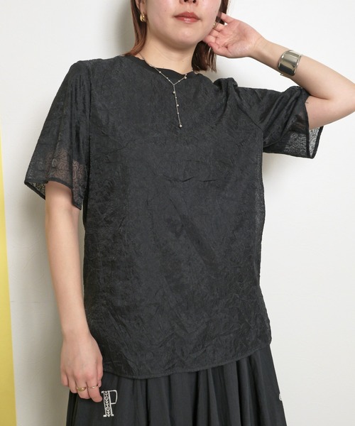 tシャツ 刺繍レースドッキングトップスシアーレイヤード バックリボン テープデザイン レディース