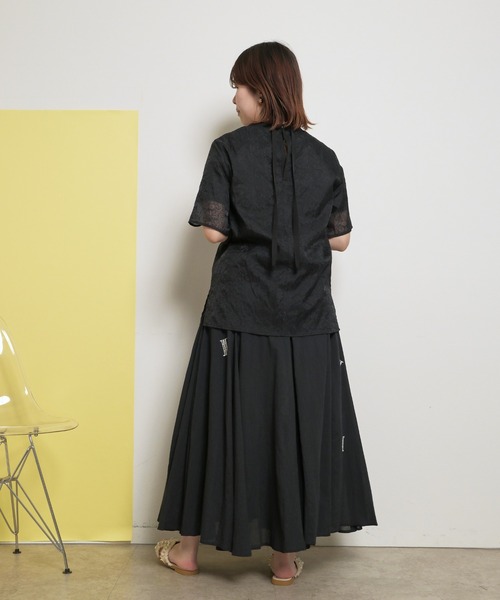 tシャツ 刺繍レースドッキングトップスシアーレイヤード バックリボン テープデザイン レディース palm RICHE tシャツ 刺繍レースドッキングトップスシアー