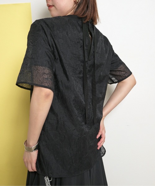 tシャツ 刺繍レースドッキングトップスシアーレイヤード バックリボン テープデザイン レディース palm RICHE tシャツ 刺繍レースドッキングトップスシアー