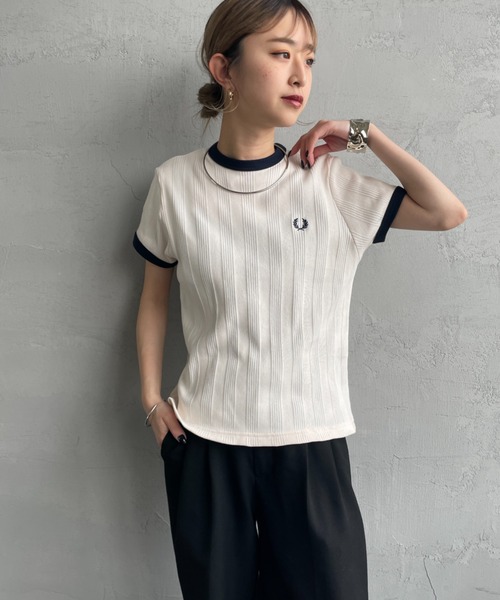 【フレッドペリー】半袖Tシャツ　ロゴ刺繍　白　黒　リンガー配色　L 日本製 FRED PERRY 大きいサイズ メンズ フレッドペリー 半袖Tシャツ
