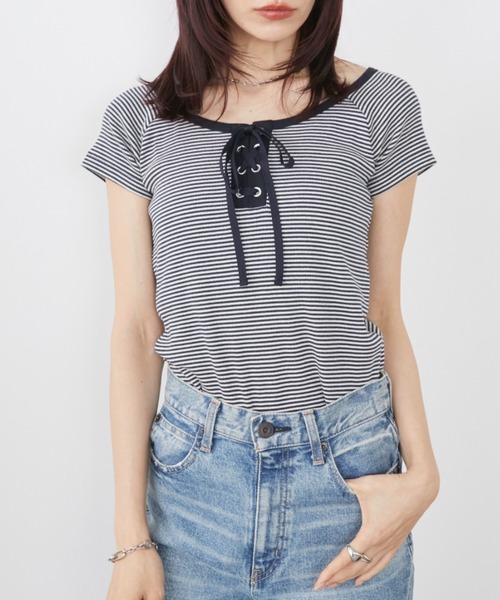 HOLIDAY レースアップ　ボーダートップス Auntie Rosa Holiday tシャツ レースアップボーダーコンパクト