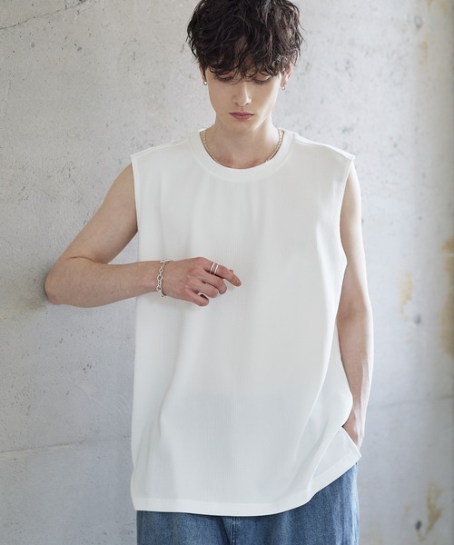 タンクトップ リップルプリーツレイヤードノースリーブ/タンク