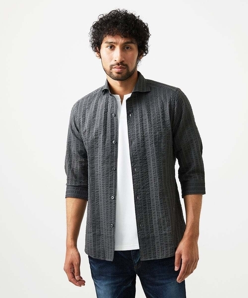 ミッシェルクランオム（MICHEL  HOMME）/リップルストライプ七分袖シャツ MICHEL KLEIN HOMME（ミッシェルクラン オム） シャツ リップル