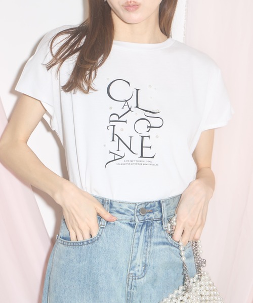 tシャツ パール付ロゴフレンチスリーブトップス レディース tocco closet tシャツ 「ZOZO限定」フレンチスリーブパール×ロゴ