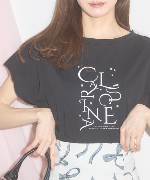 tシャツ パール付ロゴフレンチスリーブトップス レディース tocco closet tシャツ 「ZOZO限定」フレンチスリーブパール×ロゴ