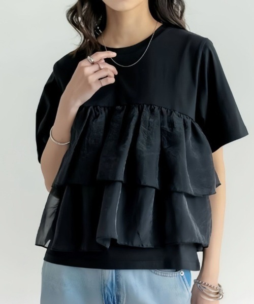 CADBURY tシャツ オーガンジードッキングティアード半袖トップス