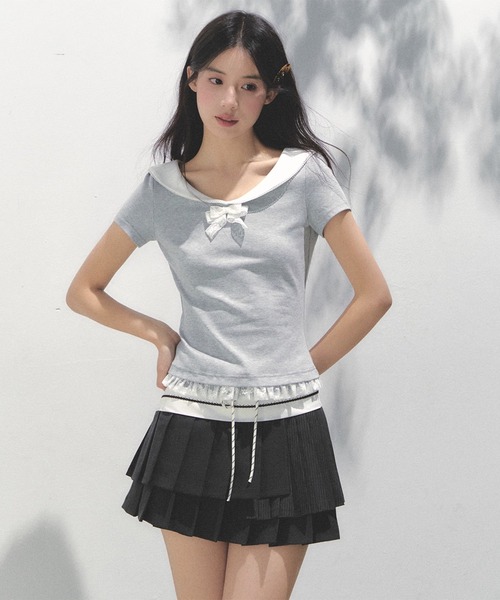 tシャツ ピーターパンカラーリボントップス SP25s086「SunsetPark」「2025SS」 レディース